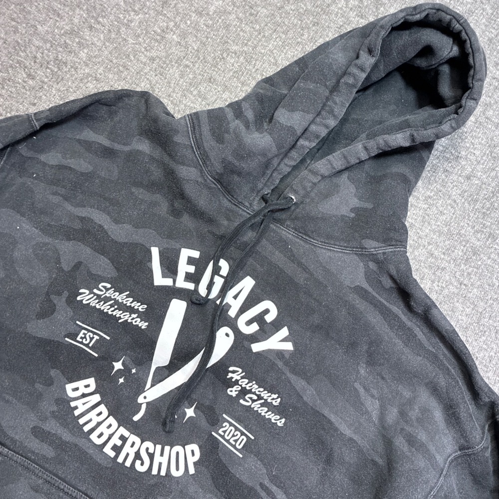 Legacy Barbershop Hoodie Mens 2XL Black Camo Graphic‎ Spokane Washington Heavy